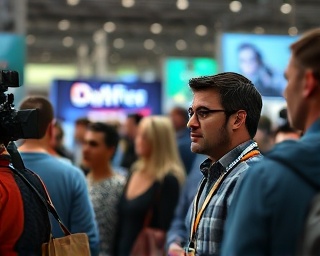 multifaceted media industry, curious expression, inspecting, photorealistic, amidst a dynamic trade expo, highly detailed, diverse groups from different media sectors, vibrant focus, diverse colors, diffused lighting, shot with a telephoto lens