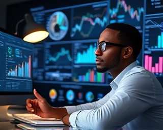 intelligent SEO strategy, thoughtful expression, analyzing, photorealistic, sleek tech workspace with charts and graphs, highly detailed, search algorithms displayed dynamically, high-definition clarity, neutral palette, desk lamp lighting, shot with a 85mm lens.