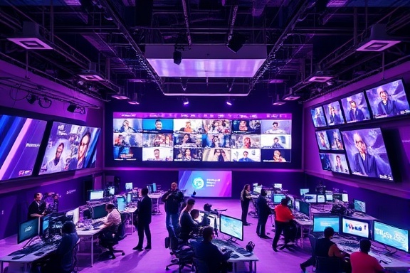 Enhanced media visibility, ambitious outlook, amplifying reach and impact, photorealistic, large open media headquarters with diverse personnel and bustling activity, highly detailed, numerous social media platforms on display, superb resolution, deep purple and white, sharp LED spot lighting, shot with a 70mm lens.