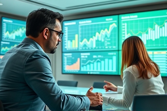 Effective media strategy, focused demeanor, analyzing trends and metrics, photorealistic, sleek conference room with charts and data projections, highly detailed, interactive smartboards and dynamic graphs, ultra-clear fidelity, pastel green and white, natural daylight illumination, shot with a 24mm lens.
