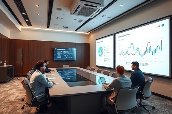 strategic content syndication, collaborative expression, planning, photorealistic, spacious conference room with interactive boards, highly detailed, digital analytics in motion, 8k resolution, cool colors, overhead lighting, shot with a 35mm prime lens.
