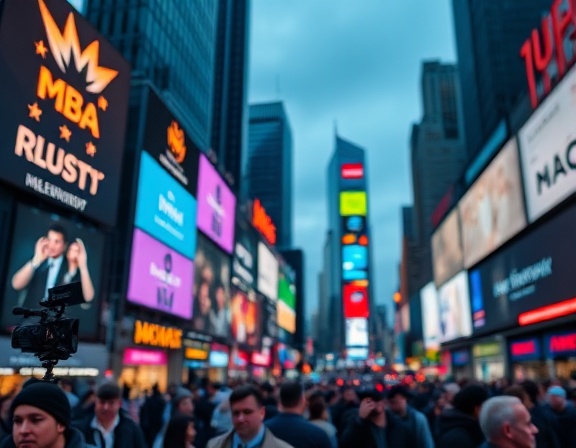 diverse media channels, innovative, broadcasting, photorealistic, urban landscape with billboards and digital screens, highly detailed, live interaction with crowd engagement, bokeh effect, multicolored, soft ambient lighting, shot with a 35mm lens.