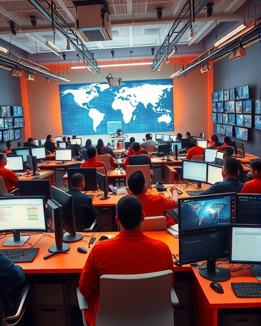 Dynamic media syndication, collaborative spirit, distributing content globally, photorealistic, bustling digital newsroom with interconnected workstations, highly detailed, visible newsfeeds and globe maps on screens, crystal-clear clarity, vibrant orange and grey, bright incandescent lighting, shot with an 85mm lens.
