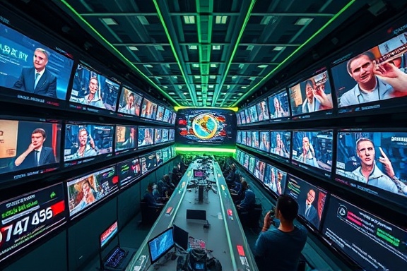 dynamic content syndication, seamless integration, distributing multimedia content, photorealistic, virtual stream hub bustling with data transfer, highly detailed, scrolling headlines and vibrant video feeds, pixel-perfect graphics, electric green, bright studio lighting, shot with a telephoto lens