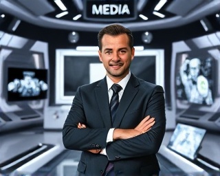 leading media channel, confident expression, presenting, photorealistic, futuristic set with holographic displays, highly detailed, media interactions, full HD quality, monochrome theme, spot lighting, shot with a 70mm lens.