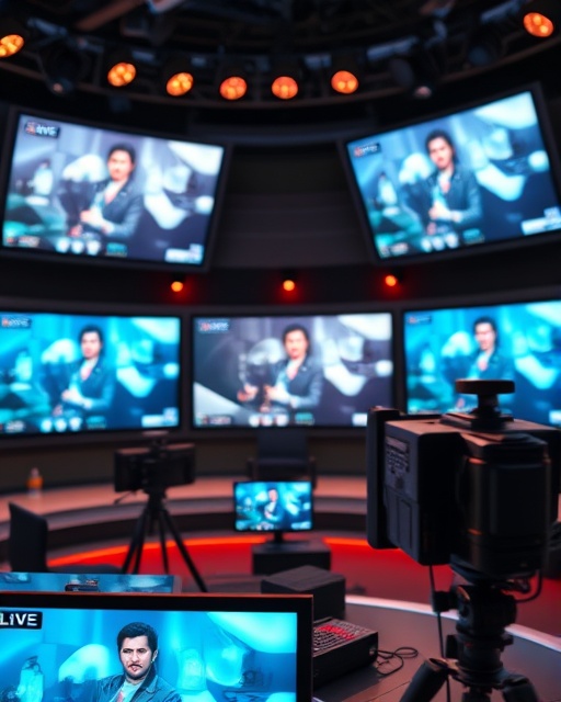 cutting-edge media channel, engaging expression, broadcasting, photorealistic, high-tech studio with multiple screens, highly detailed, live streaming elements, 4k quality, rich tones, studio soft lighting, shot with a 50mm prime lens.