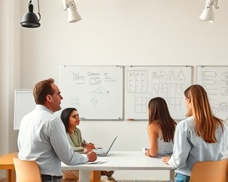 creative marketing agency, enthusiastic expression, brainstorming, photorealistic, open-space office with whiteboards, highly detailed, ideas flowing like a river, 6k resolution, pastel colors, natural daylight, shot with a 28mm lens.