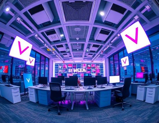 virtual media branding, captivating, integrating VR and AR elements, photorealistic, immersive digital office space with floating digital logos, highly detailed, dynamic virtual elements interacting, 5K resolution, bright colors, focused spotlights, shot with a fisheye lens.
