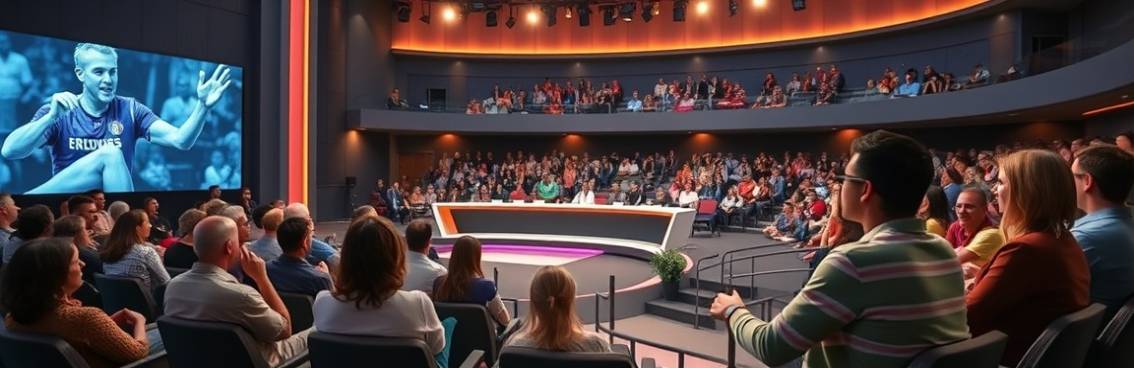 interactive media broadcasting, engaging, featuring a live audience, photorealistic, modern studio with audience seating and a broadcasting panel, highly detailed, dynamic audience reactions, ultra-high-resolution, neutral colors, theatrical stage lighting, shot with a prime lens.