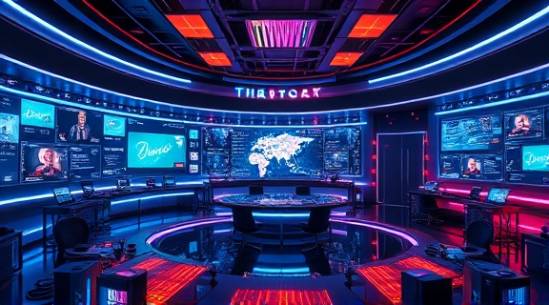futuristic media digital, imaginative, incorporating holographic displays, photorealistic, tech-enhanced newsroom filled with virtual interfaces, highly detailed, dynamic light effects and holograms, 4K quality, neon glows, digital lighting effects, shot with a macro lens.
