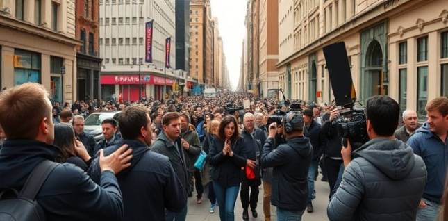 comprehensive media coverage, authoritative, capturing live reports, photorealistic, bustling city streets during a news event, highly detailed, dynamic crowd movements with reporters on the scene, high definition, warm tones, natural outdoor lighting, shot with a 70-200mm lens.