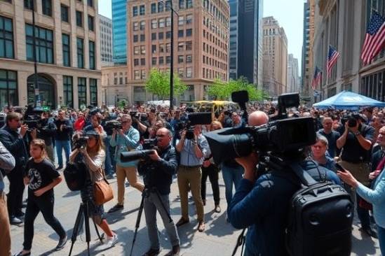 real-time media coverage, fast-paced, capturing a breaking news scenario, photorealistic, city square buzzing with camera crews and onlookers, highly detailed, dynamic flashes of cameras and microphones, high definition, vivid colors, direct sunlight, shot with a wide-angle lens.