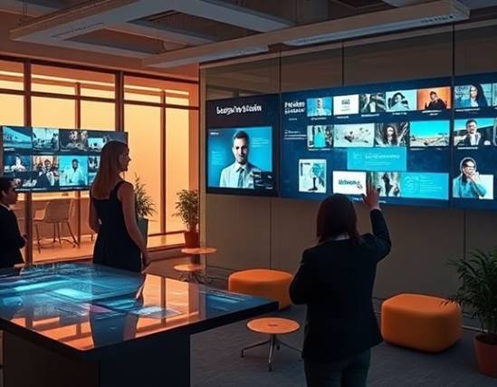 immersive media branding, immersive, featuring appealing brand storytelling, photorealistic, an office setting with interactive touch screens, highly detailed, dynamic touch animations, high resolution, earthy tones, soft indoor lighting, shot with a standard lens.