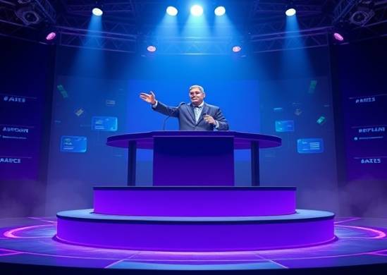 reputed authority platform, commanding presence, delivering influential content, photorealistic, elevated virtual podium in a holographic setting, highly detailed, pulsating follower metrics and algorithmic feedback, digital finesse, royal purple, dramatic spotlight, shot with a macro lens