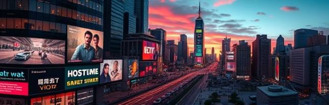 immersive digital visibility, glowing prominence, attracting global attention, photorealistic, urban center with digital billboards and high-tech skyscrapers, highly detailed, illuminated social interactions and virtual footprints, augmented layers, vivid crimson, high-contrast twilight, shot with a panoramic lens