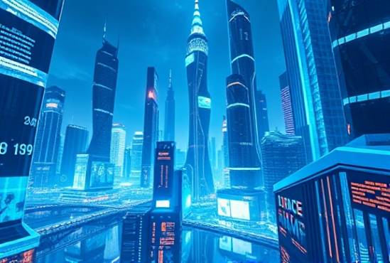 innovative media ecosystem, collaborative synergy, revolutionizing media space, photorealistic, futuristic metropolis with towering digital structures, highly detailed, holographic data flows and interactive screens, cyber luminescence, azure blue, reflective lighting, shot with an ultra-wide lens