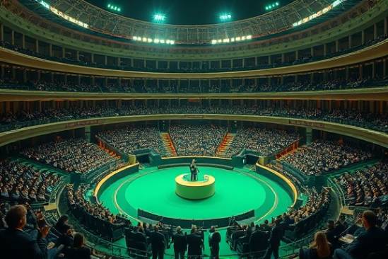 transformative authority platform, authoritative communication, broadcasting impactful narratives, photorealistic, digital coliseum with virtual audiences and floating orators, highly detailed, dynamic debates and persuasive presentations, intricate holograms, emerald green, sharp directional lighting, shot with a zoom lens