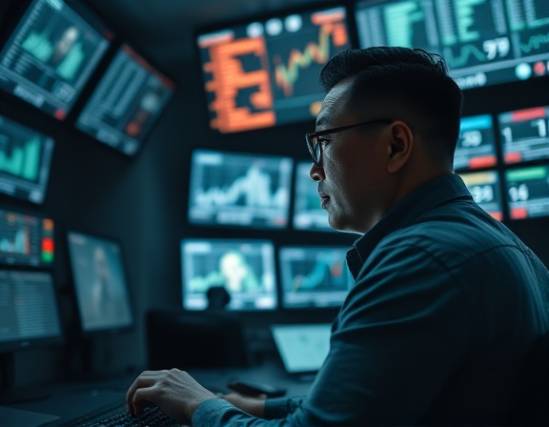 traditional media authority, contemplative expression, analyzing data, photorealistic, within a dimly lit control room, highly detailed, screens displaying live broadcasts and statistics, precise focus, muted colors, soft ambient lighting, shot with a 50mm prime lens