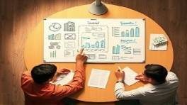 dynamic media strategy, focused expression, brainstorming, photorealistic, around a round conference table with paper, highly detailed, people pointing at a whiteboard full of ideas and graphs, clear focus, warm colors, overhead lighting, shot with a macro lens