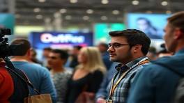 multifaceted media industry, curious expression, inspecting, photorealistic, amidst a dynamic trade expo, highly detailed, diverse groups from different media sectors, vibrant focus, diverse colors, diffused lighting, shot with a telephoto lens