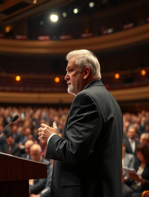 distinguished media authority, pondering expression, giving a keynote speech, photorealistic, on a stage in a grand auditorium, highly detailed, audience engaged and taking notes, pinpoint focus, rich colors, spotlight, shot with a 35mm lens