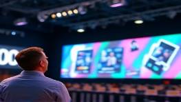 innovative media innovation, excited expression, presenting, photorealistic, in a modern tech conference hall, highly detailed, large screens showing interactive media concepts, crisp focus, bold colors, spotlights, shot with a zoom lens