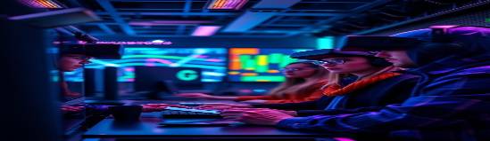 cutting-edge media strategy, determined expression, strategizing in a digital hub, photorealistic, alongside vibrant digital panels, highly detailed, team collaborating with virtual reality tools, deep focus, neon colors, ambient modern lighting, shot with a tilt-shift lens